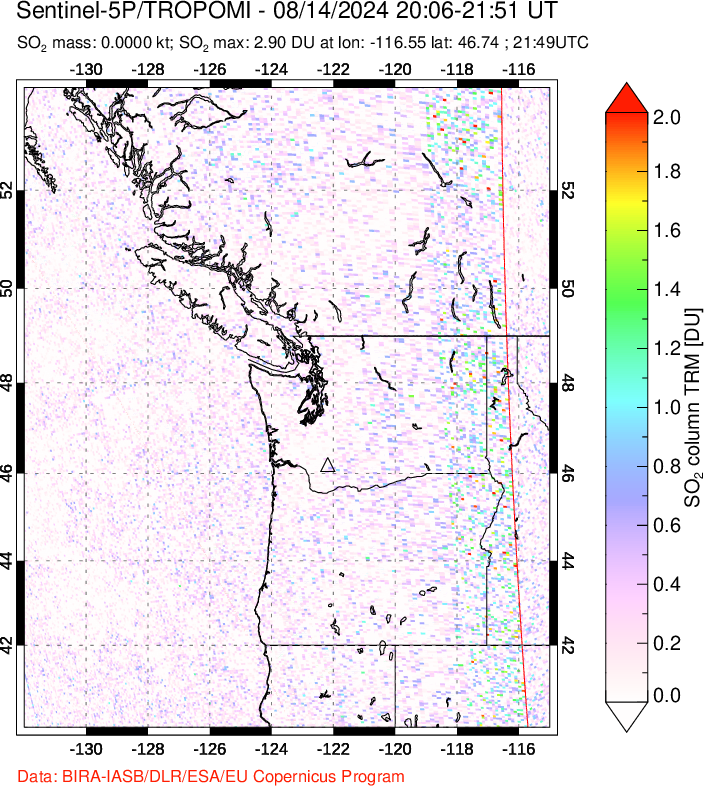 A sulfur dioxide image over Cascade Range, USA on Aug 14, 2024.