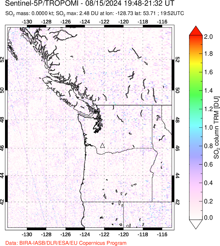 A sulfur dioxide image over Cascade Range, USA on Aug 15, 2024.