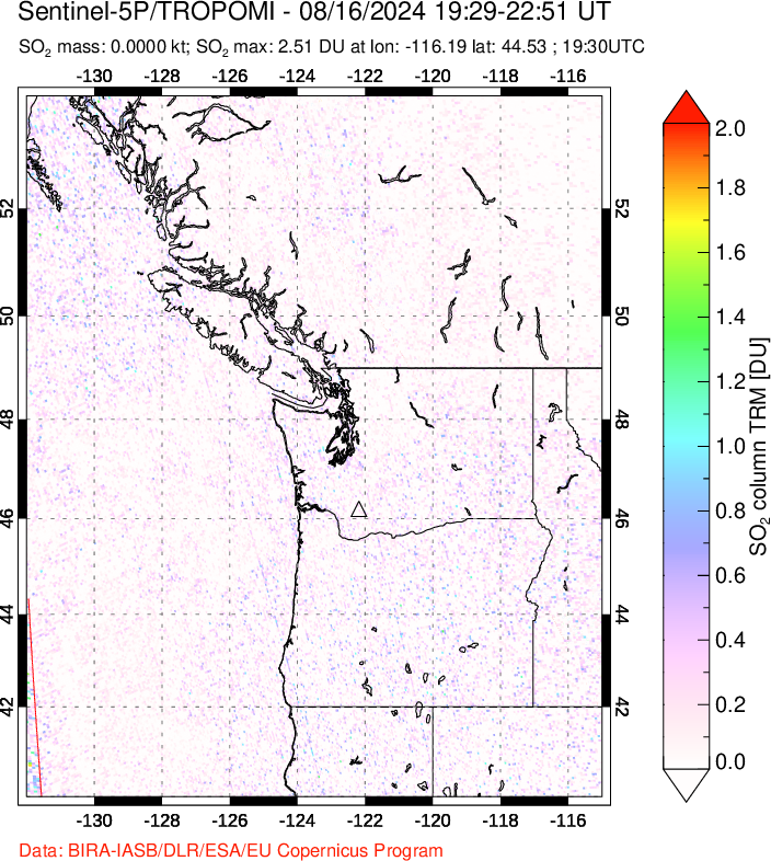 A sulfur dioxide image over Cascade Range, USA on Aug 16, 2024.