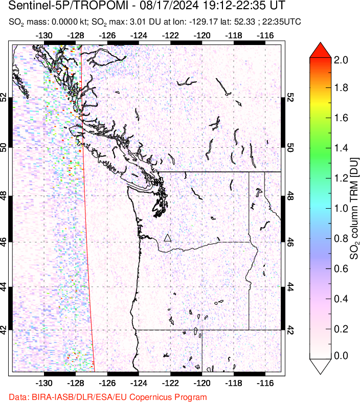 A sulfur dioxide image over Cascade Range, USA on Aug 17, 2024.