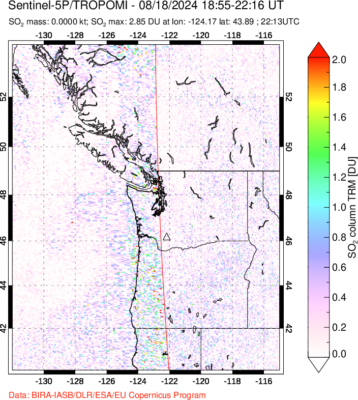 A sulfur dioxide image over Cascade Range, USA on Aug 18, 2024.