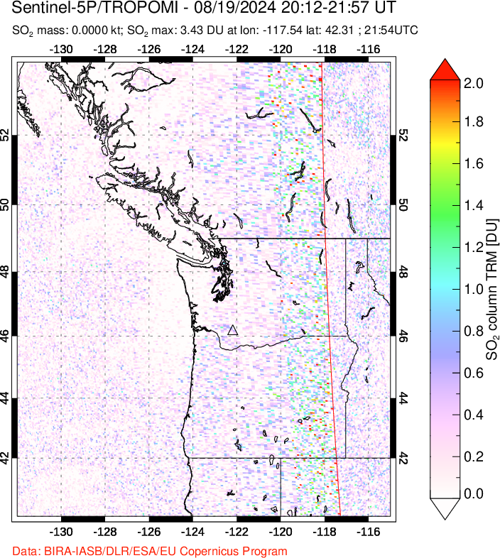 A sulfur dioxide image over Cascade Range, USA on Aug 19, 2024.