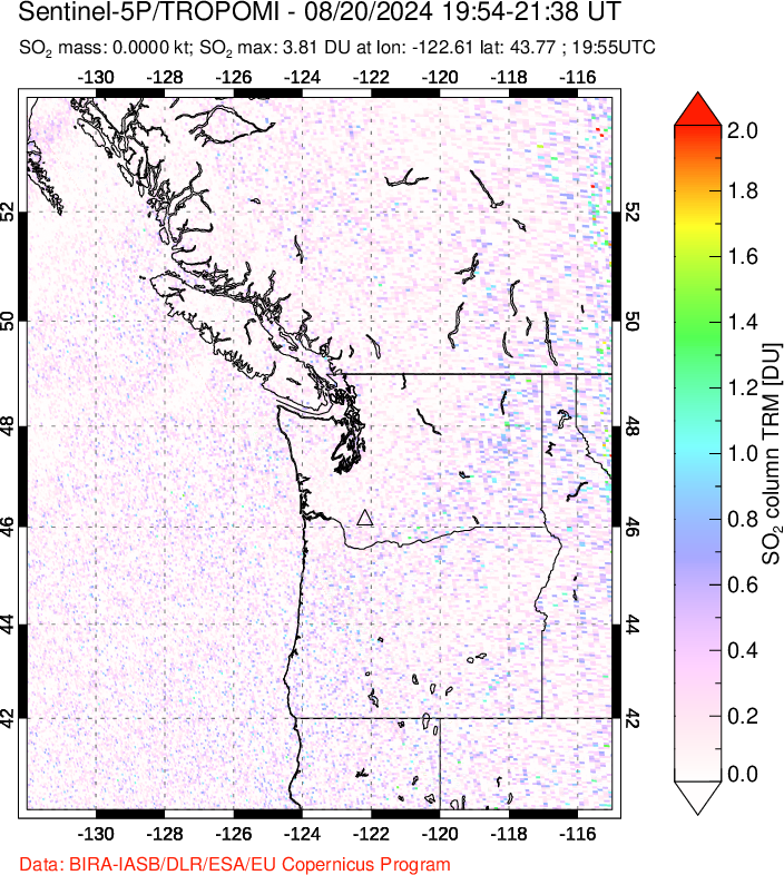 A sulfur dioxide image over Cascade Range, USA on Aug 20, 2024.