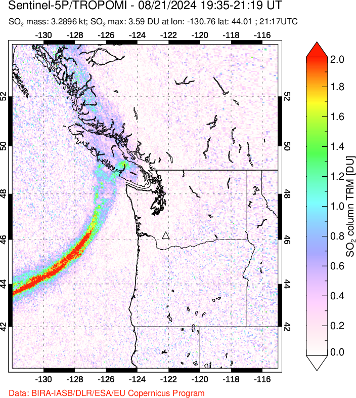 A sulfur dioxide image over Cascade Range, USA on Aug 21, 2024.