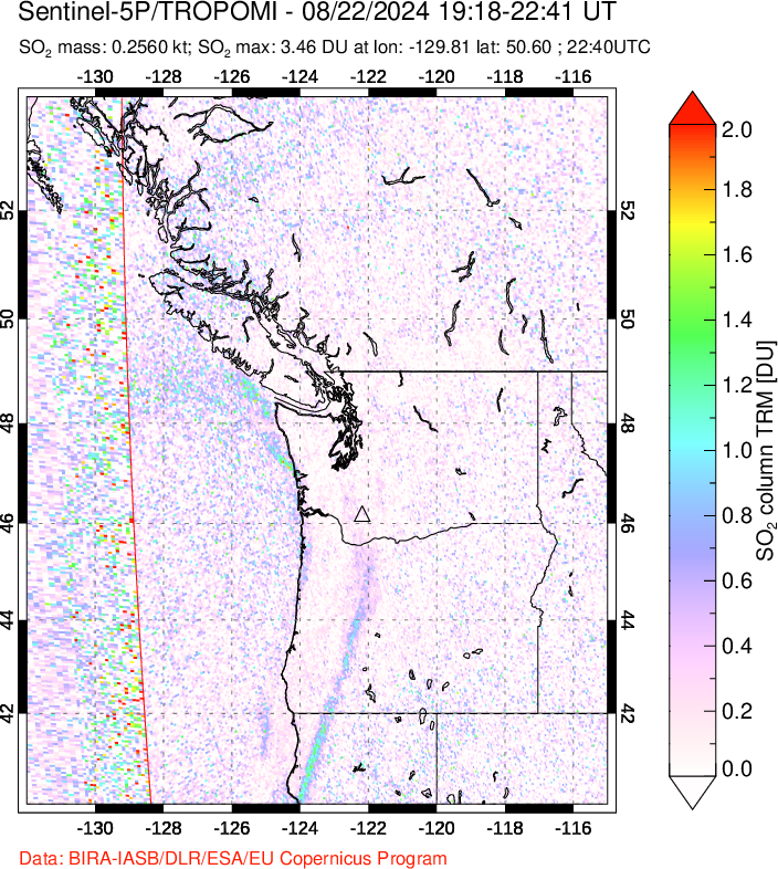 A sulfur dioxide image over Cascade Range, USA on Aug 22, 2024.