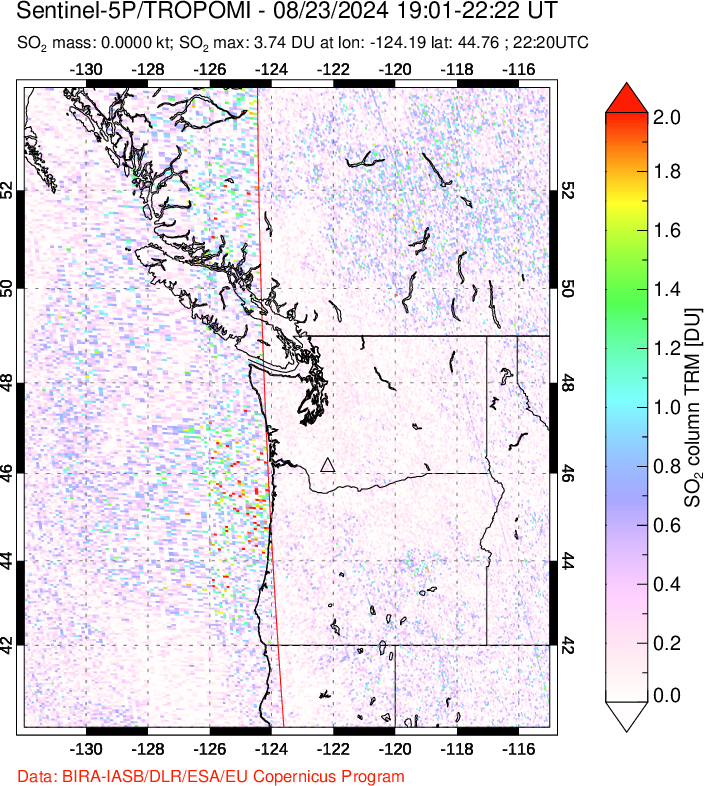 A sulfur dioxide image over Cascade Range, USA on Aug 23, 2024.