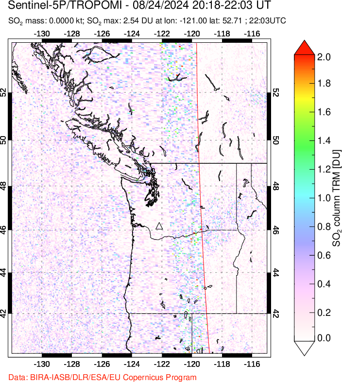 A sulfur dioxide image over Cascade Range, USA on Aug 24, 2024.