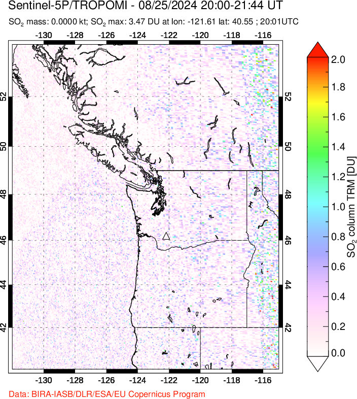 A sulfur dioxide image over Cascade Range, USA on Aug 25, 2024.