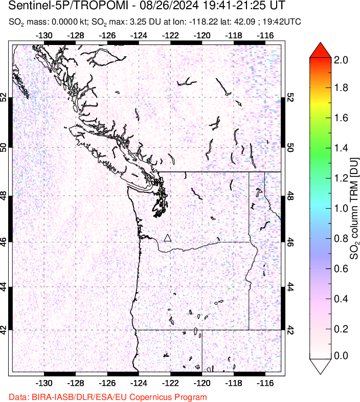 A sulfur dioxide image over Cascade Range, USA on Aug 26, 2024.