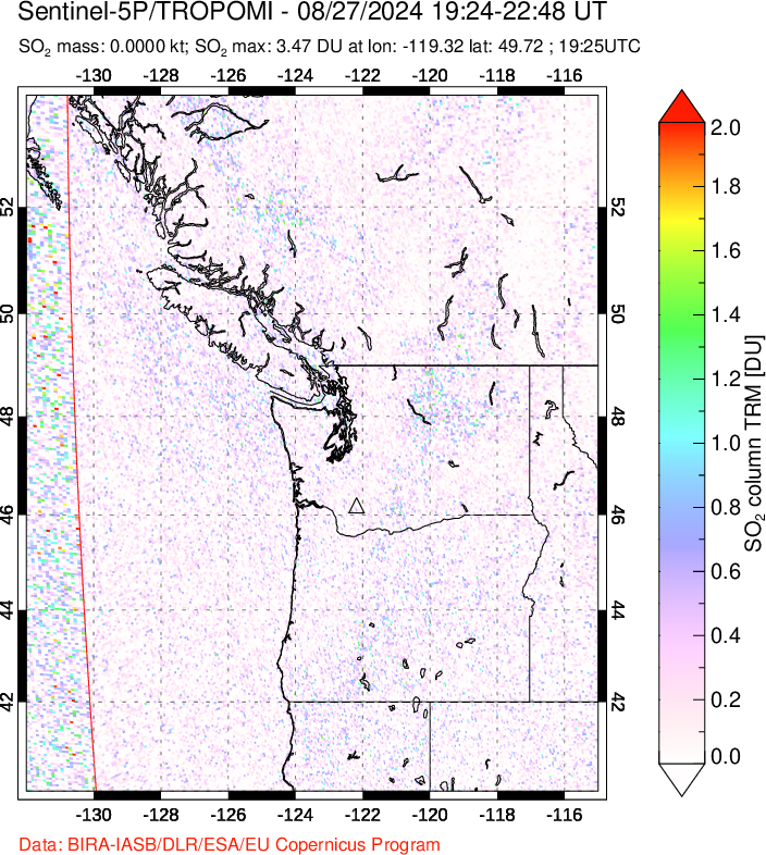 A sulfur dioxide image over Cascade Range, USA on Aug 27, 2024.