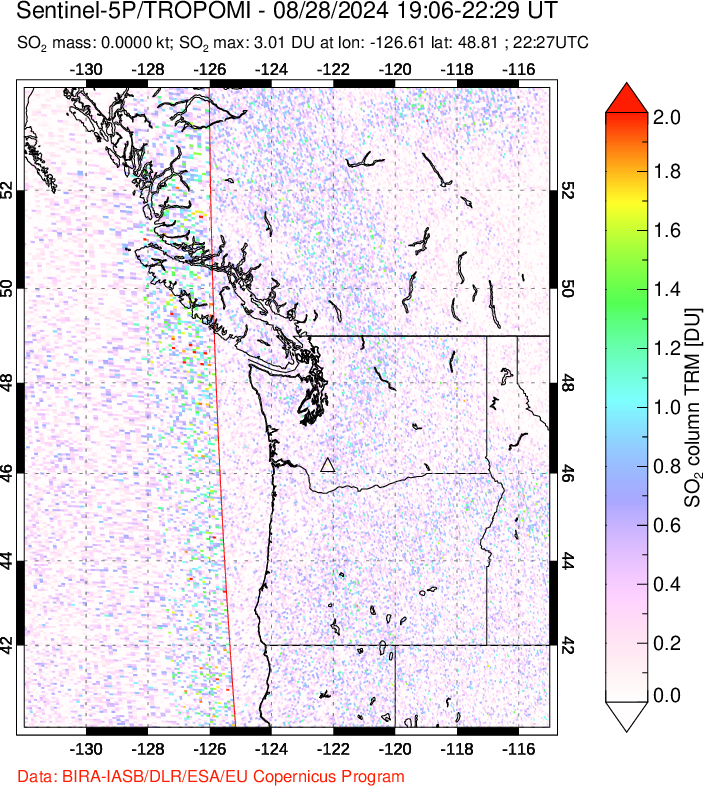 A sulfur dioxide image over Cascade Range, USA on Aug 28, 2024.