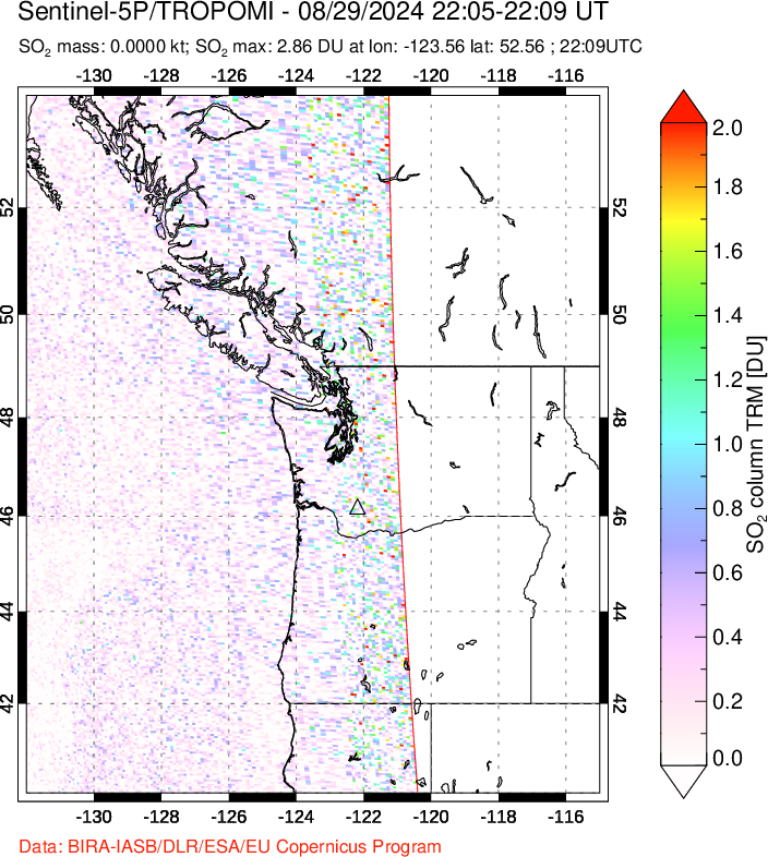 A sulfur dioxide image over Cascade Range, USA on Aug 29, 2024.