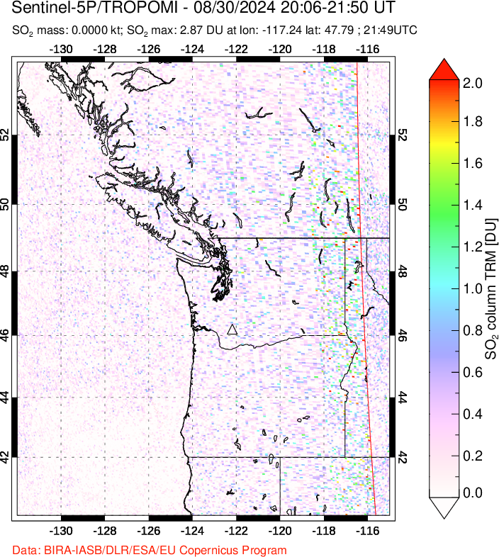 A sulfur dioxide image over Cascade Range, USA on Aug 30, 2024.