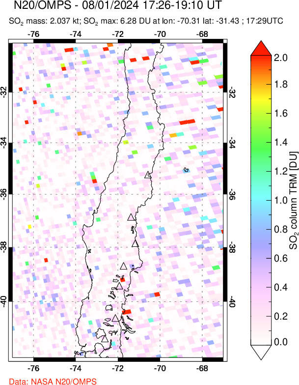 A sulfur dioxide image over Central Chile on Aug 01, 2024.