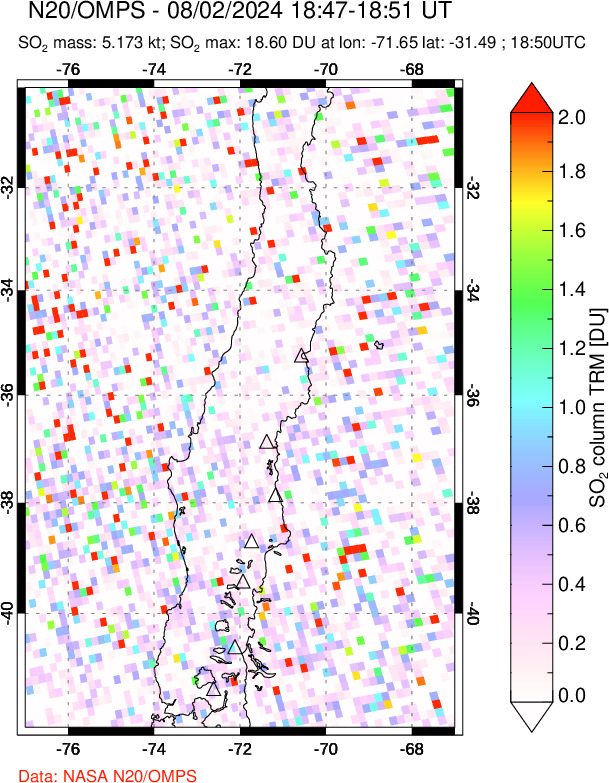 A sulfur dioxide image over Central Chile on Aug 02, 2024.