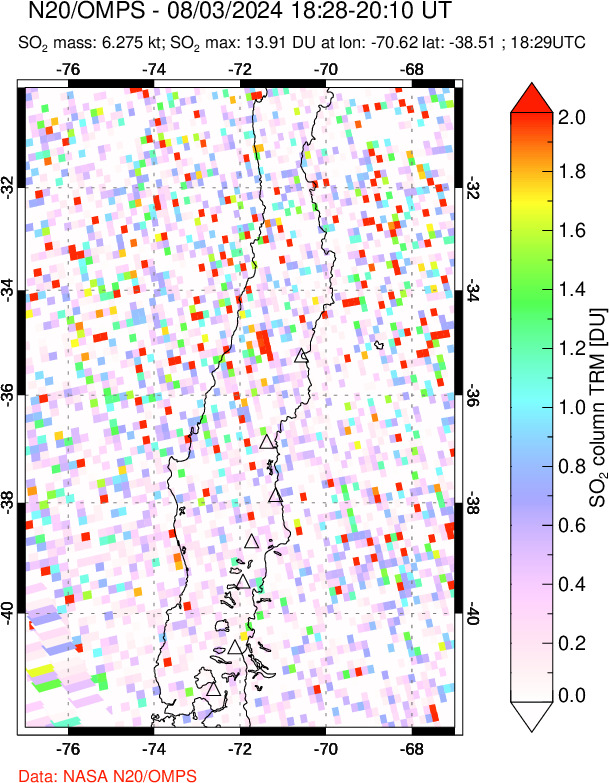 A sulfur dioxide image over Central Chile on Aug 03, 2024.