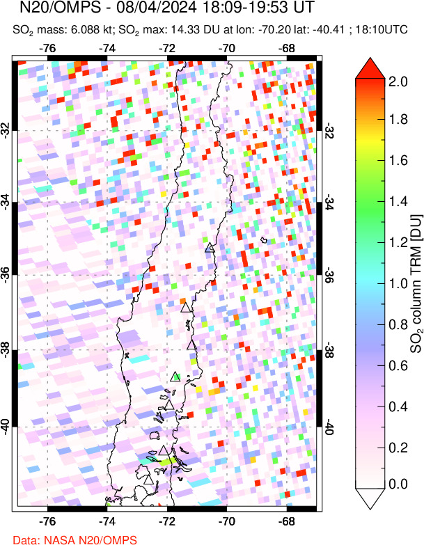 A sulfur dioxide image over Central Chile on Aug 04, 2024.