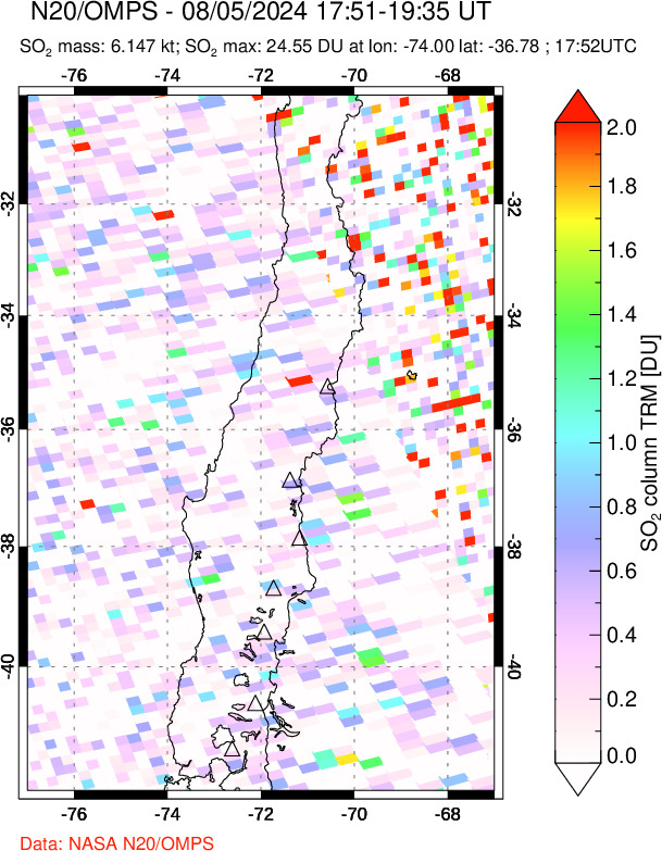 A sulfur dioxide image over Central Chile on Aug 05, 2024.