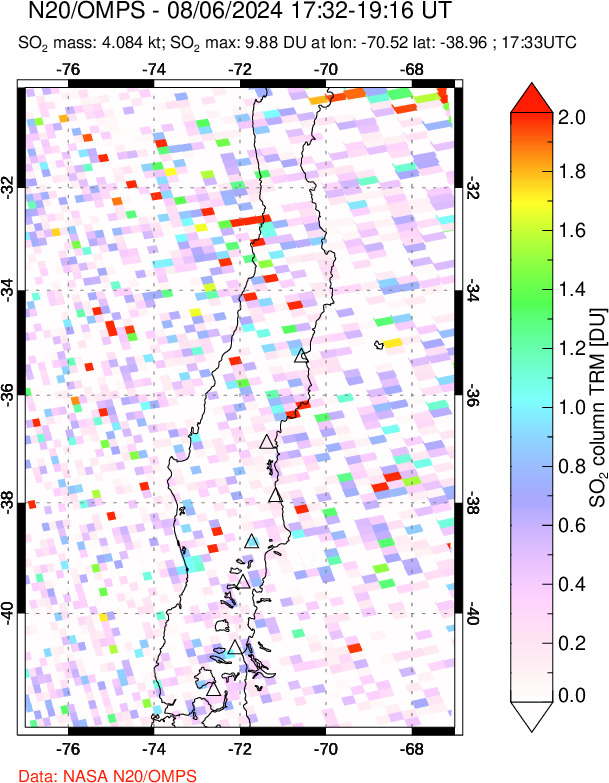 A sulfur dioxide image over Central Chile on Aug 06, 2024.