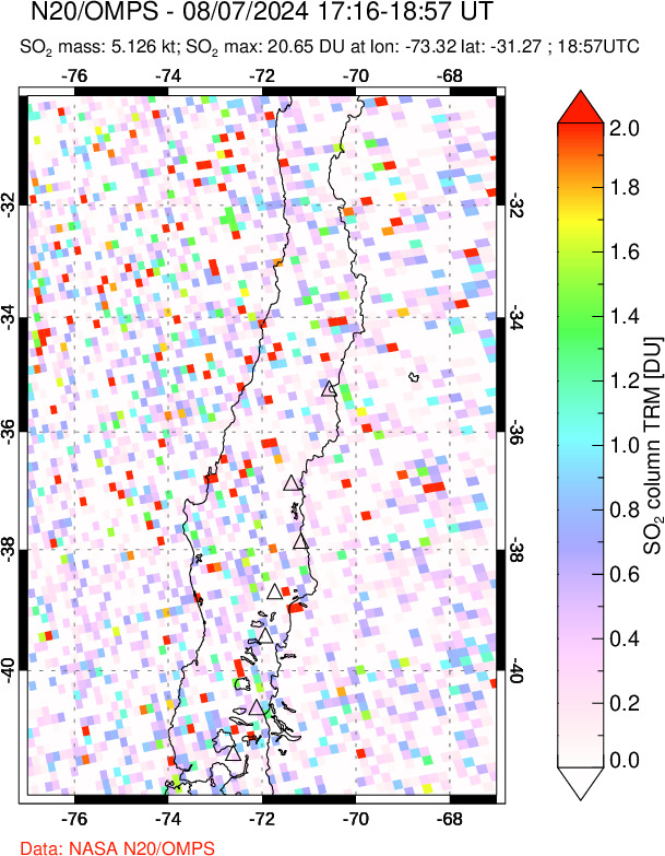 A sulfur dioxide image over Central Chile on Aug 07, 2024.