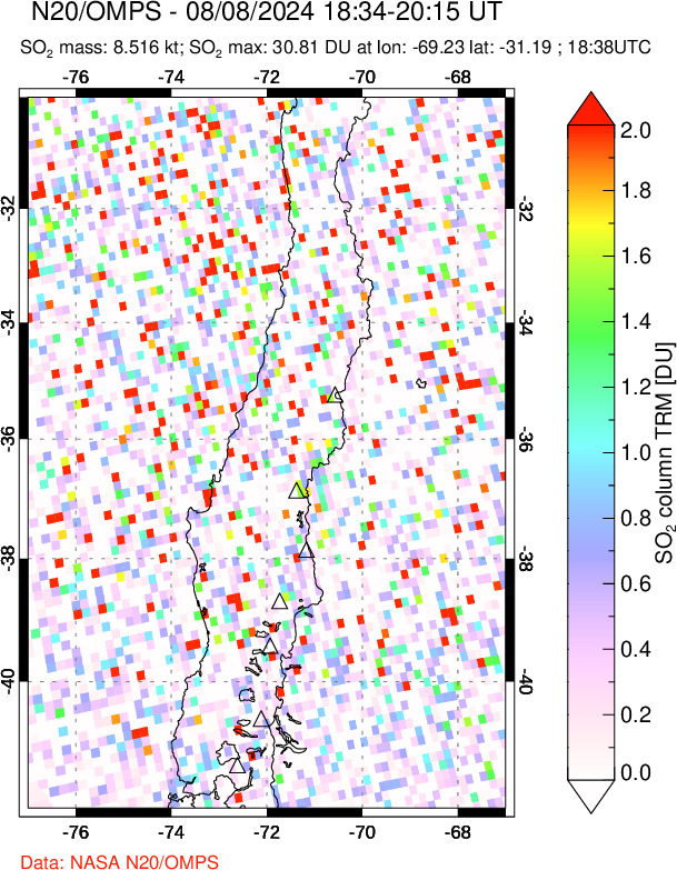 A sulfur dioxide image over Central Chile on Aug 08, 2024.