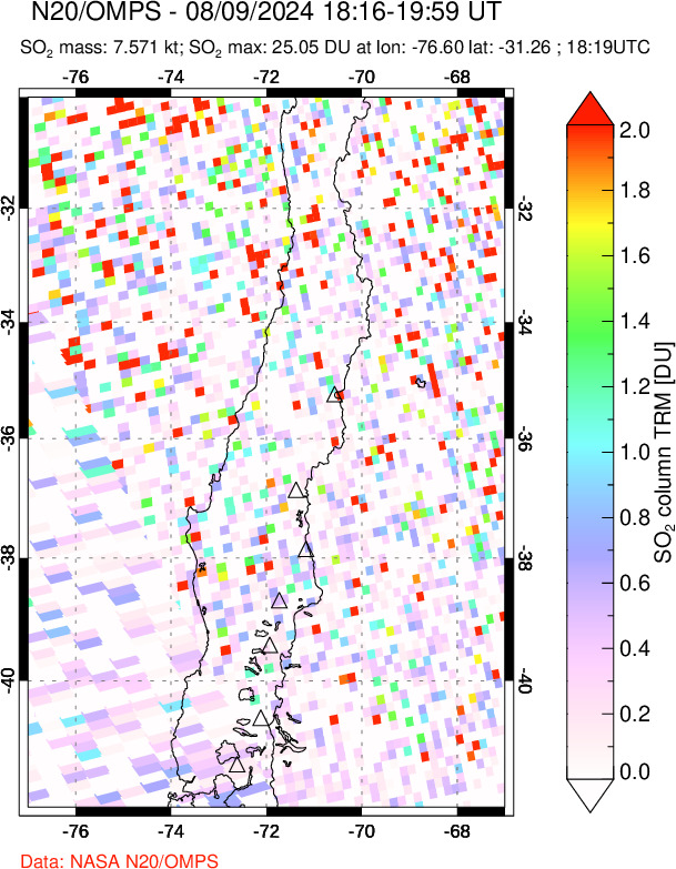 A sulfur dioxide image over Central Chile on Aug 09, 2024.