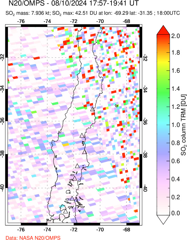 A sulfur dioxide image over Central Chile on Aug 10, 2024.