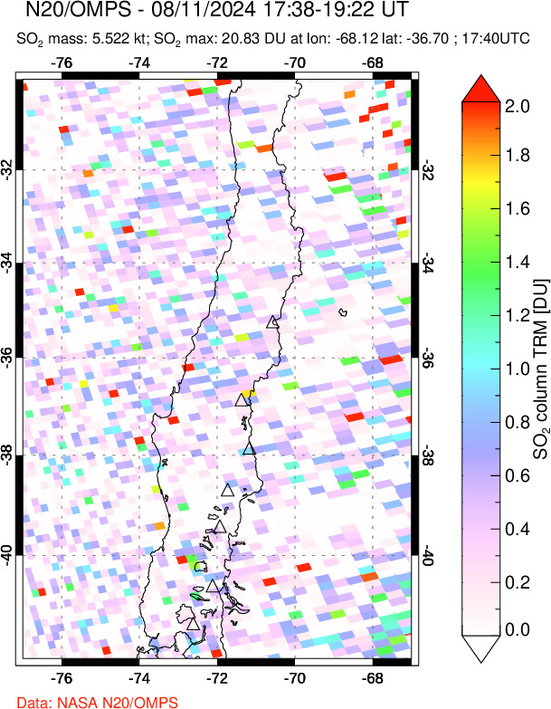 A sulfur dioxide image over Central Chile on Aug 11, 2024.