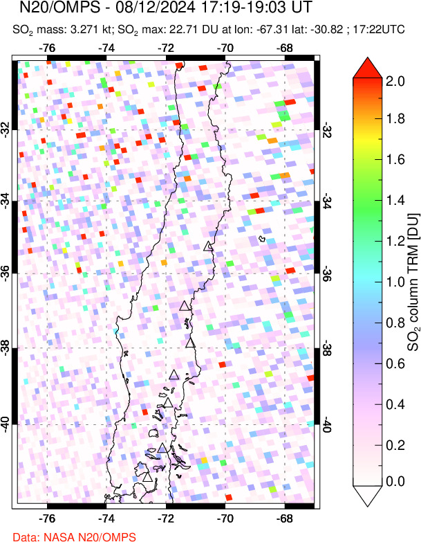 A sulfur dioxide image over Central Chile on Aug 12, 2024.