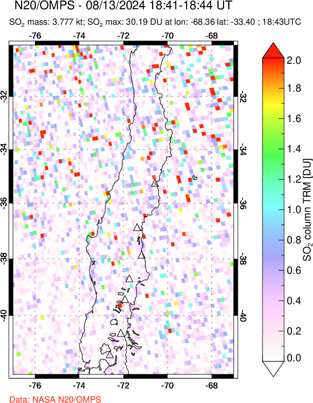 A sulfur dioxide image over Central Chile on Aug 13, 2024.