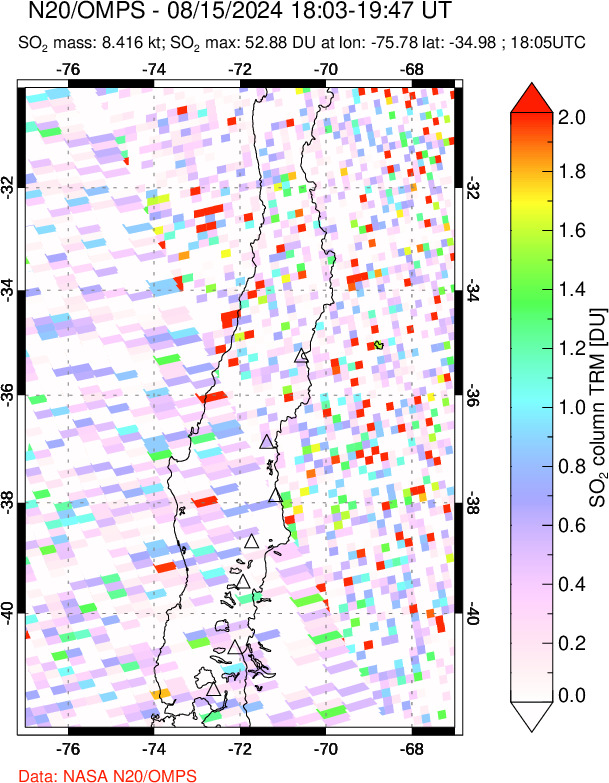 A sulfur dioxide image over Central Chile on Aug 15, 2024.