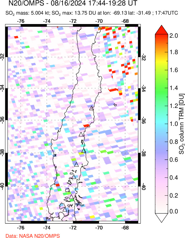 A sulfur dioxide image over Central Chile on Aug 16, 2024.