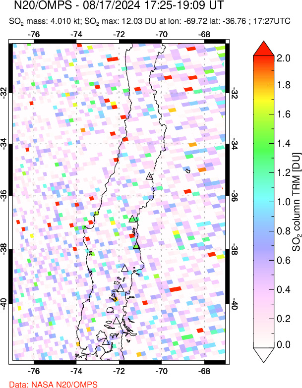 A sulfur dioxide image over Central Chile on Aug 17, 2024.