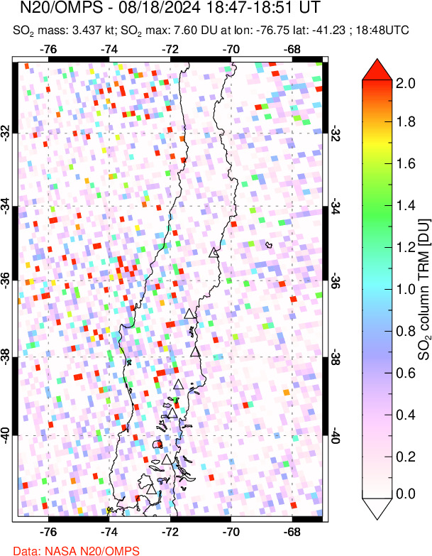 A sulfur dioxide image over Central Chile on Aug 18, 2024.