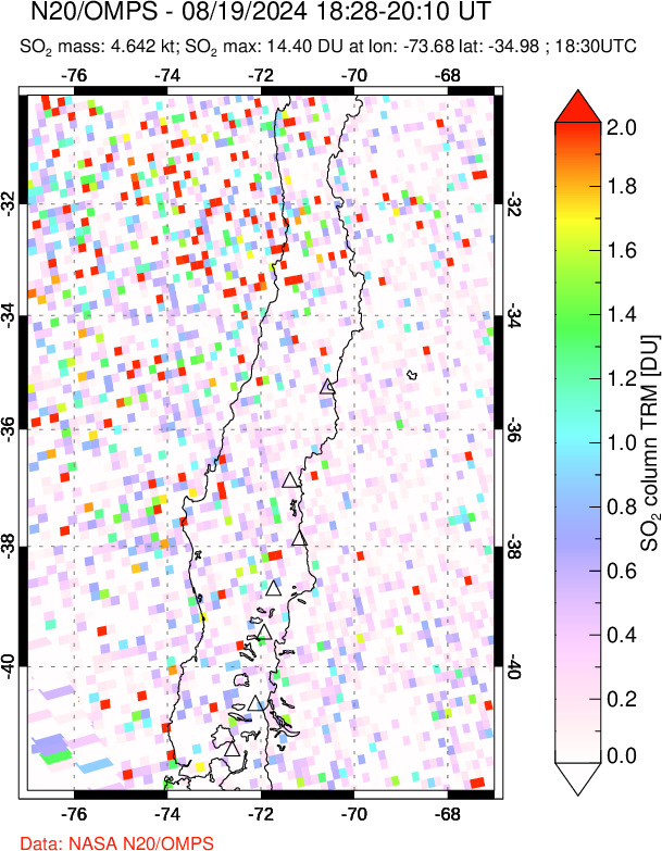 A sulfur dioxide image over Central Chile on Aug 19, 2024.