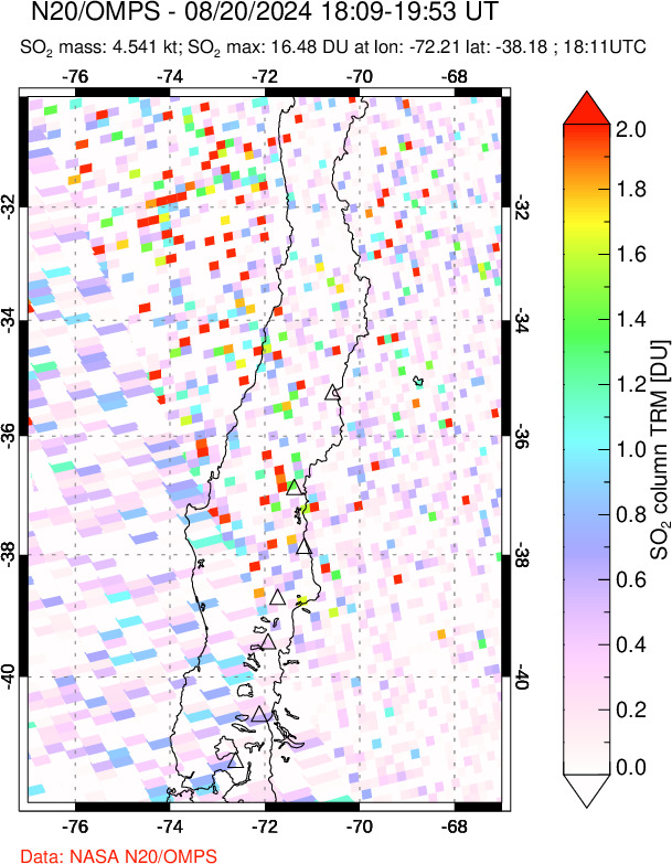 A sulfur dioxide image over Central Chile on Aug 20, 2024.