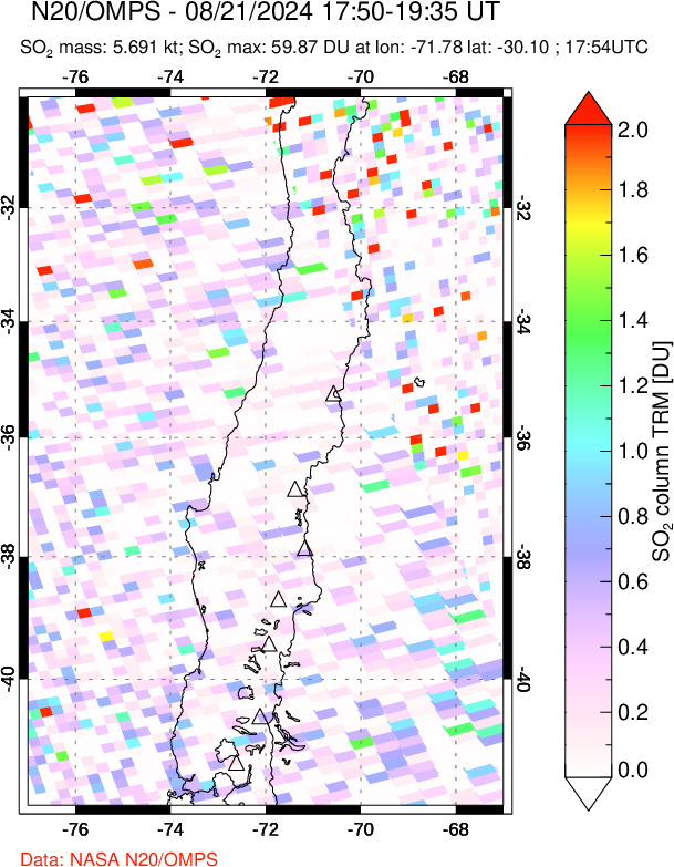 A sulfur dioxide image over Central Chile on Aug 21, 2024.