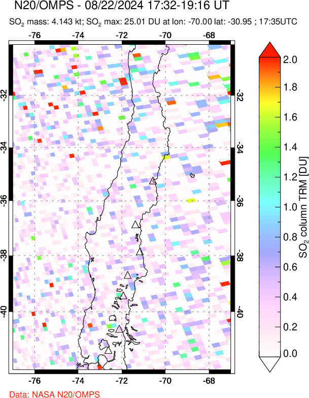 A sulfur dioxide image over Central Chile on Aug 22, 2024.