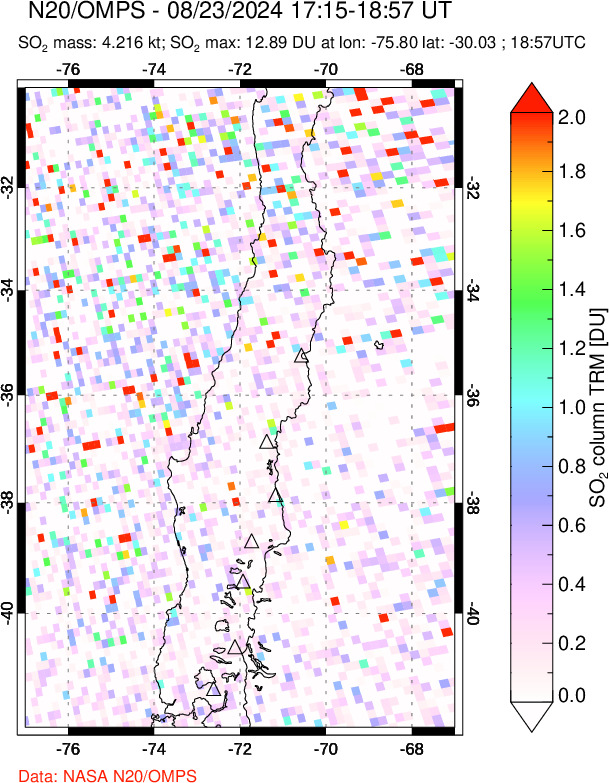 A sulfur dioxide image over Central Chile on Aug 23, 2024.