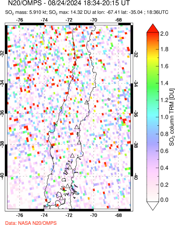 A sulfur dioxide image over Central Chile on Aug 24, 2024.