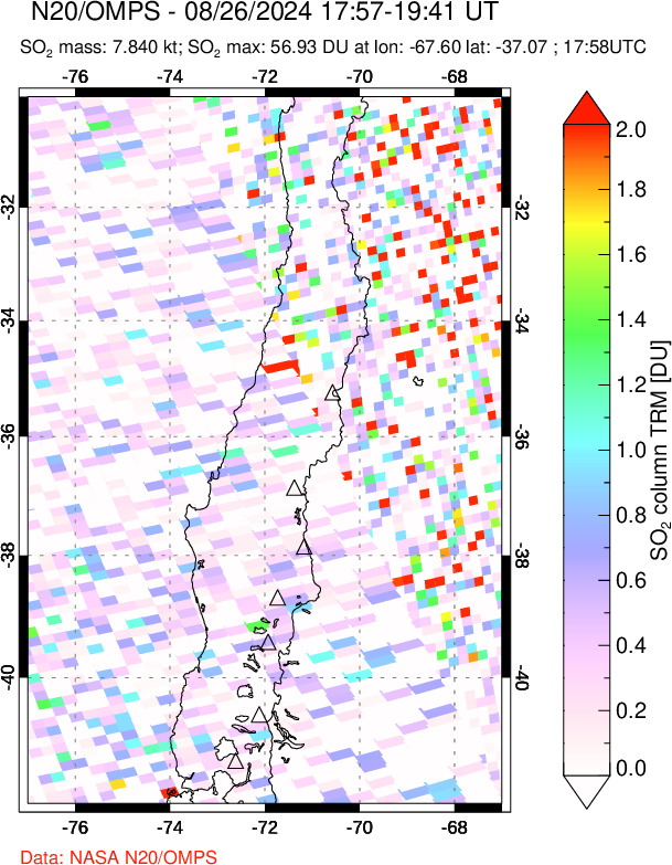 A sulfur dioxide image over Central Chile on Aug 26, 2024.