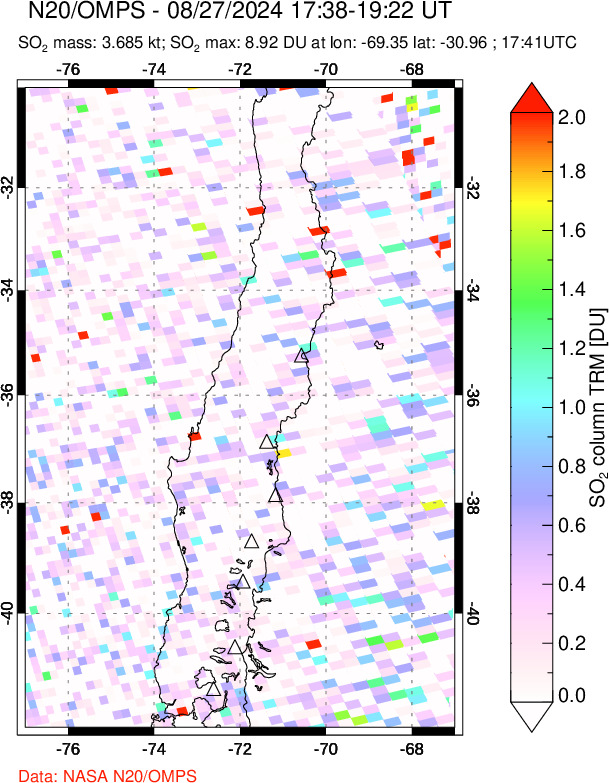 A sulfur dioxide image over Central Chile on Aug 27, 2024.