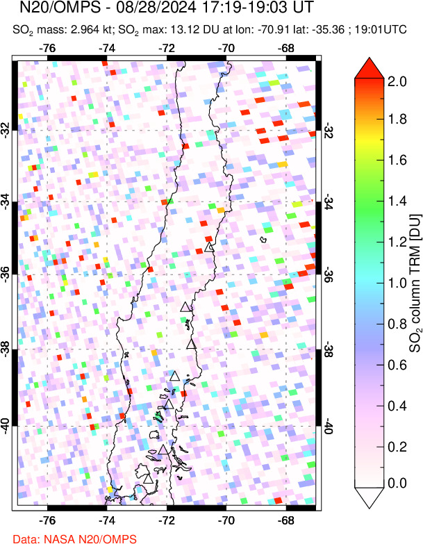 A sulfur dioxide image over Central Chile on Aug 28, 2024.