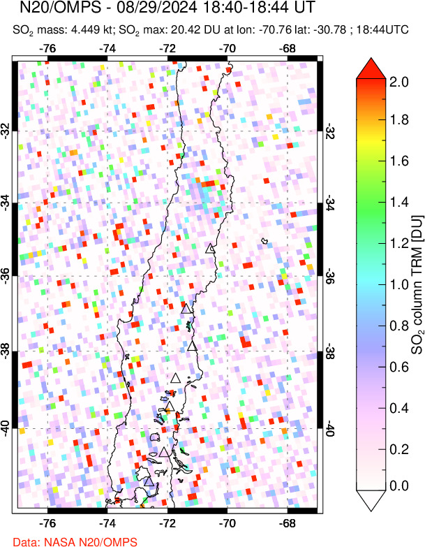 A sulfur dioxide image over Central Chile on Aug 29, 2024.