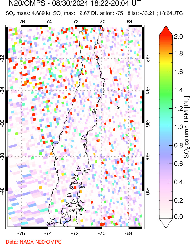 A sulfur dioxide image over Central Chile on Aug 30, 2024.