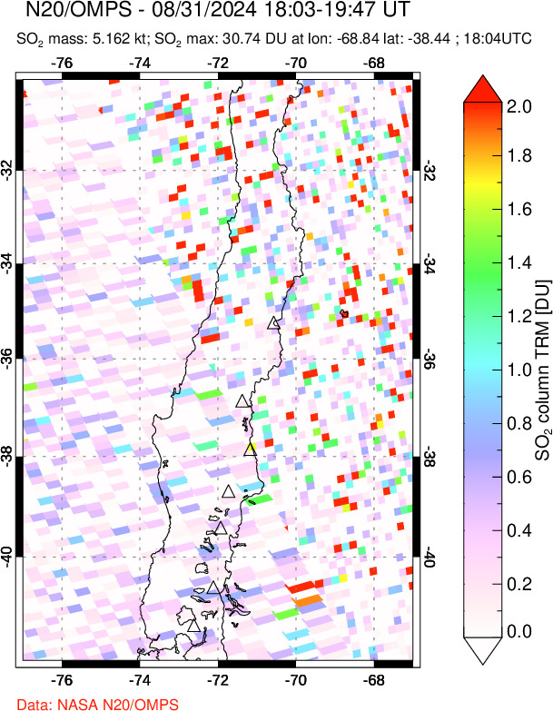 A sulfur dioxide image over Central Chile on Aug 31, 2024.