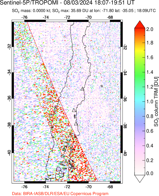 A sulfur dioxide image over Central Chile on Aug 03, 2024.