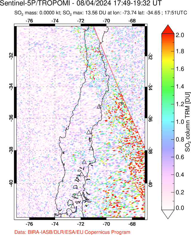 A sulfur dioxide image over Central Chile on Aug 04, 2024.