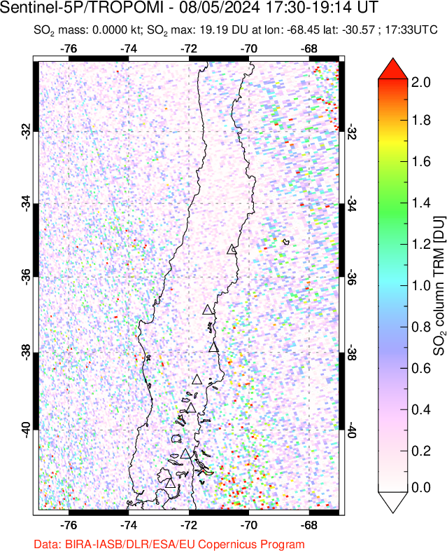 A sulfur dioxide image over Central Chile on Aug 05, 2024.