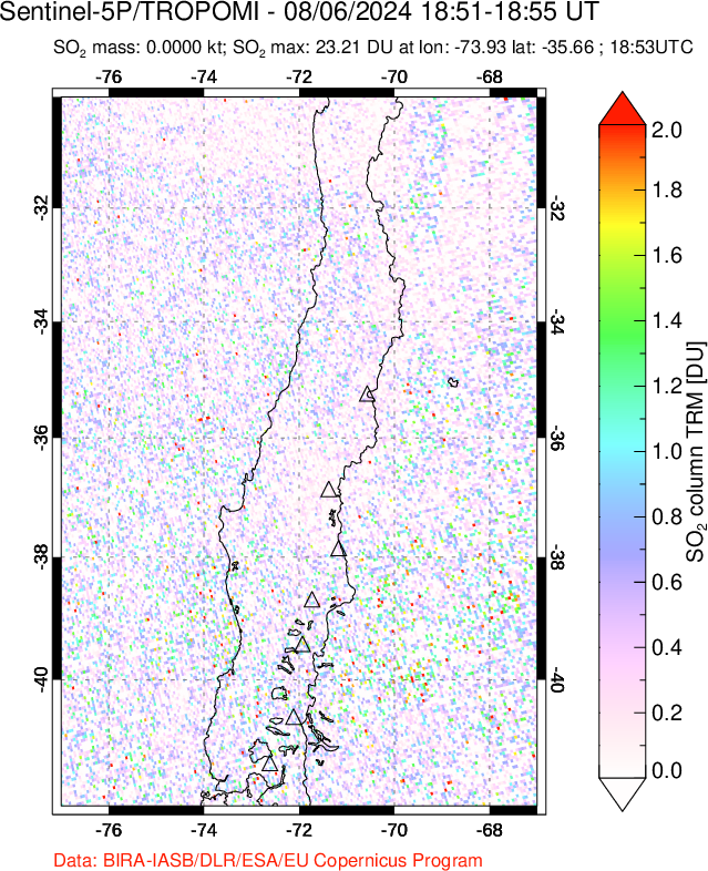 A sulfur dioxide image over Central Chile on Aug 06, 2024.